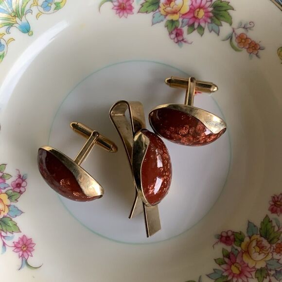 Vintage Kreisler 14KT Tie Clip n Cufflinks Gold-fleck Brown cabochon, Stamped - Picture 3 of 3